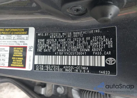 2012 Toyota Camry Le from USA, damaged, VIN 4T1BF1FK3CU136041